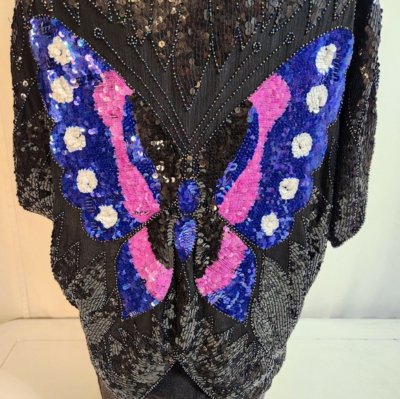 Vintage Sho Max Sequin Butterfly Blouse Black with Pink and Blue Size Small - Picture 2 of 11
